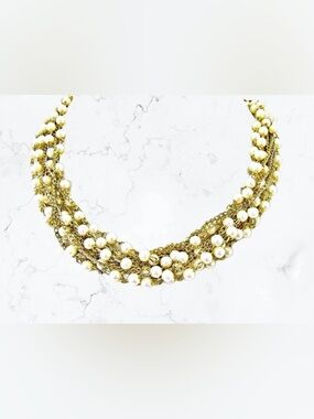 Pearl multi strand necklace with rhinestones and gold tone chain - NEW